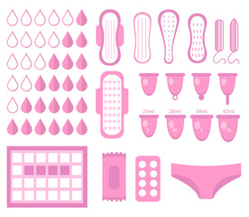 Big set for menstruation, feminine hygiene set. Pads, pantyliners, tampons, menstrual cup. Female hygiene products. Women's hygiene. Flat style. Vector illustration.