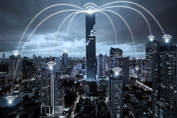 Wifi network connection in city center business district. 