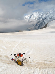 high mountain climbing base camp in Bezenghi Caucasus mountains