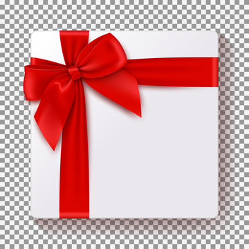 Realistic gift box isolated on transparent backdrop. Vector illustration. Top view on Xmas gift with red bow. Template for greeting card on Christmas, New Year, birthday and anniversary.