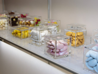 Colourful Sugared Almond in Glass Cubic Jars