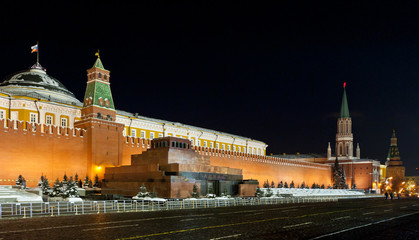 Night view of Moscow Red Square, Mausoleum of Lenin and Russian
