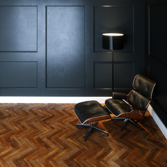 Leather lounge chair in new black interior with wooden parquet 