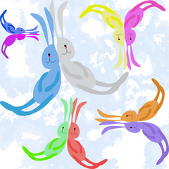 colorful rabbits on sky seamless background