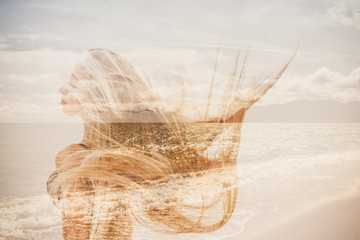 Double exposure of happy girl dancing and seascape with cloudscape