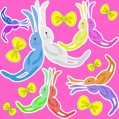 colorful rabbits on pink seamless background