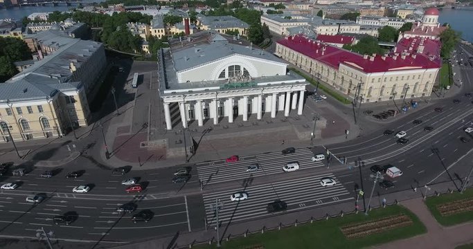 Aerial St. Petersburg Stock Exchange Building, Rastralnye columns, morning