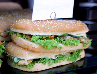Tasty Pepperoni salami Sausage burger sandwich with lettuce and salad served as fast food with blank copyspace price label