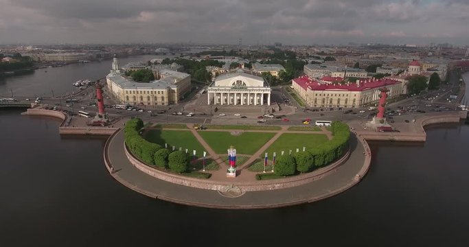 Aerial St. Petersburg Stock Exchange Building, Rastralnye columns, strellka