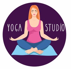 Young woman sitting in yoga lotus pose. Meditating girl illustration. Yoga woman, meditation, anti-stress people with speech bubble.