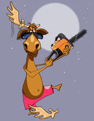 Fototapeta premium cartoon funny moose with noodles on the horn cut to myself the horn a chainsaw