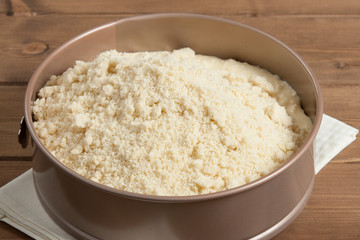 Cooking Process Of Homebaked Cottage Cheese Pie. Raw Dough In Tr