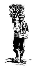 An Indonesian man walks as he carries goods on his back. Art sketch illustration.