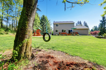 House backyard with kids playground and tire swing