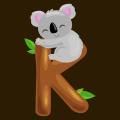 letter K with koala animal for kids abc education in preschool.