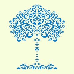 Patterned tree blue grass decorative symmetric yellow background lacy.