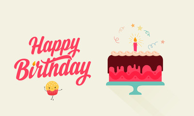 Happy Birthday typographic sing with a dancing cartoon cupcake and a flat birthday cake