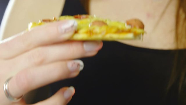 Hold pizza with hands with french fingernails closeup 4K