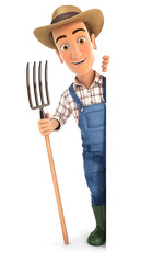 3d farmer with fork behind blank wall