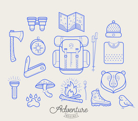 Adventure time. - Flat line camping icon collection explore, dream, discover