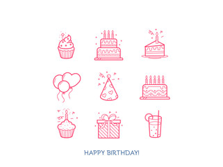 Happy Birthday line icon collection