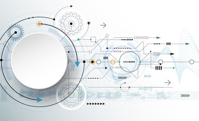 Vector 3d paper circle on gear wheel, wave lines and circuit board, Hi-tech digital technology and engineering, digital telecom technology concept. Abstract futuristic on light blue color background