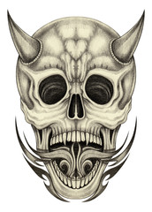Skull devil tattoo.Hand pencil drawing on paper.
