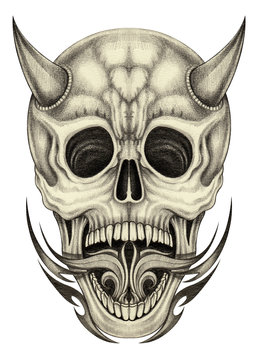 Skull devil tattoo.Hand pencil drawing on paper.