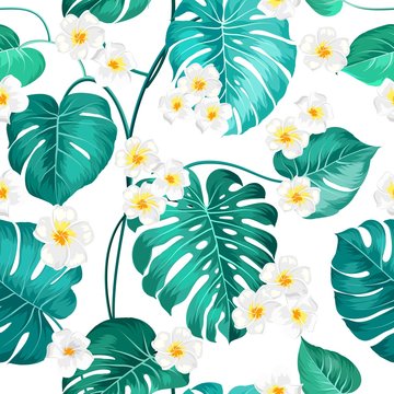 Plumeria flowers and jungle palms. Beautiful fabric pattern with a tropical flowers isolated over white background. Blossom flowers for seamless pattern background.