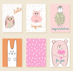 Collection of cute artistic cards for kids. Funny animals in vector.