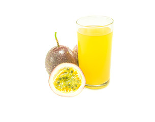 Passion fruit juice with passion fruits on white background
