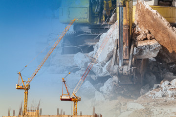 Crane constructing skyscrapper and backhoe truck digging, double exposure effect