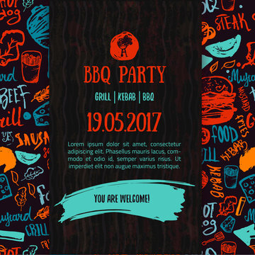 BBQ opening party announcement. Doodle hand-drawn poster with barbeque accessories, lettering, event date and time vector illustration