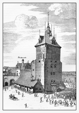 XVII century engraving, Danzig, now Gdansk, prison tower and torture chamber