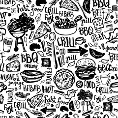 BBQ Barbecue Grill Doodle Seamless Pattern. Colorful BBQ design with hand drawn lettering for wrapping, banners and promotion.