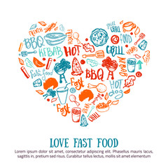 Fast food doodle banner in shape of heart. Hand-drawn set with barbeque accessories, lettering vector illustration on white background