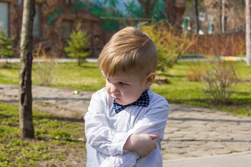 Small blond boy is posing on camera