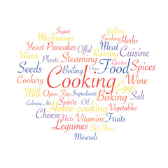 Cooking related words. Tag cloud for food industry. Typographic heart shaped vector illustration.