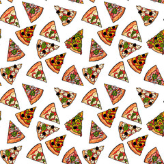 Fototapety  Wzór różnych plasterków pizzy, szkic ilustracji wektorowych styl. Tekstylia, papier pakowy, projekt nadruku dla włoskiej pizzerii, restauracji, fast foodów. Bezszwowe tło z kawałkami pizzy