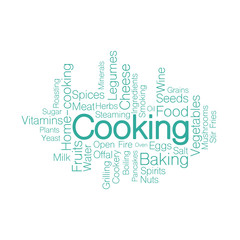 Cooking related words. Tag cloud for food industry. Typographic heart shaped vector illustration.