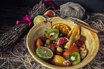 Fruits and vegetables on rustic background