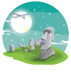 Travel and Famous Landmarks and beautiful by plane. Moai stone statue head on Easter Island on symbol republic of Chile ,Moai statue flat design landmark illustration vector cartoon.