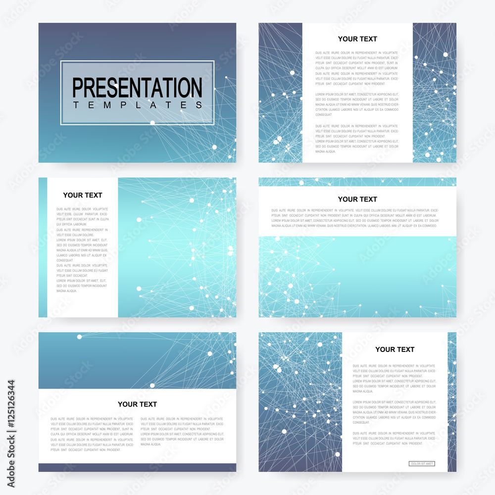 Poster Blue set of vector presentation templates with molecule structure. Business and scientific design for cover brochure flyer leaflet marketing advertising.