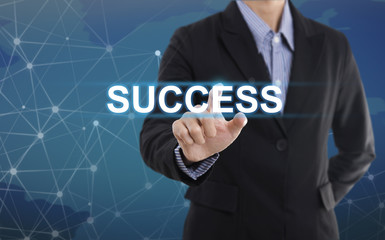 Businessman hand pressing button success. sign on virtual screen.business concept.