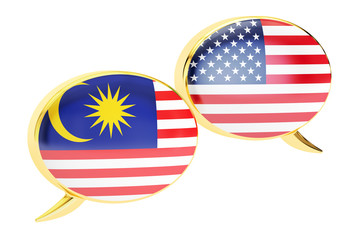 Speech bubbles, Malaysia-USA conversation concept. 3D rendering