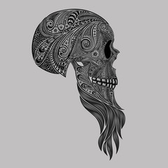 Dead hipster with a beard. The human skull is composed of beautiful patterns