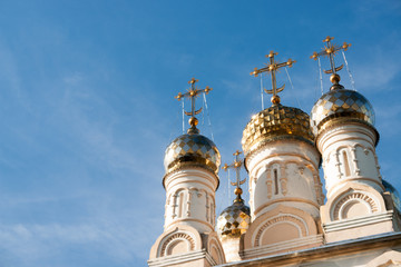Fototapeta na wymiar Domes of ortodox church over the blue sky, Russia, Ryazan Kremlin.
