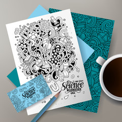 Cartoon cute vector hand drawn doodles Science corporate identity set