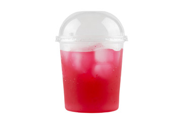 red water with ice in a cup isolated on white background