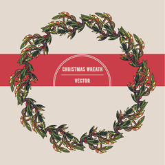 Vector Winter Christmas Wreath. Floral frame. Round border with branches and lea